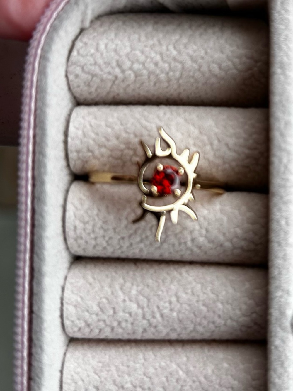 Gold plated Sunburst Ring with Red CZ Gemstone NWOT
